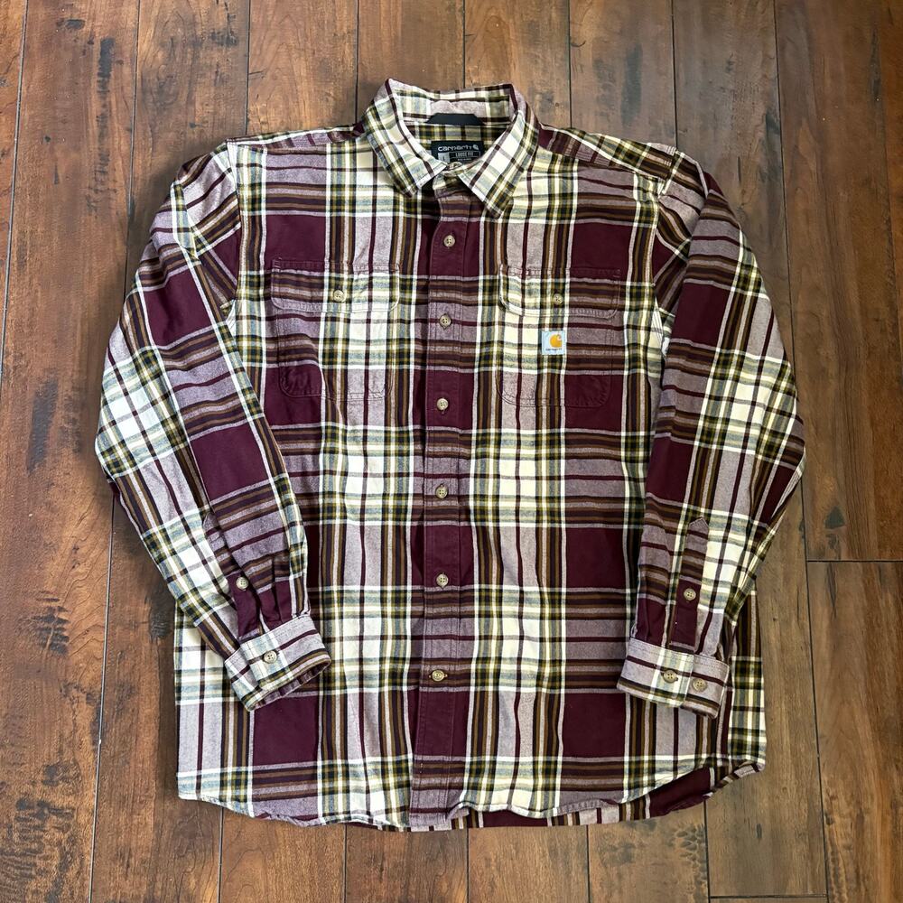 Carhartt Rugged Flannel Shirt Mens L Red Plaid Loose Fit Workwear Midweight